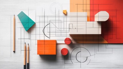 Poster - Geometric Shapes and Technical Drawings Representing Visual Design Principles on a Minimalistic Workspace