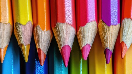 Poster - Colorful Rainbow of Brightly Colored Pencils Arranged in a Row Against a Textured Background
