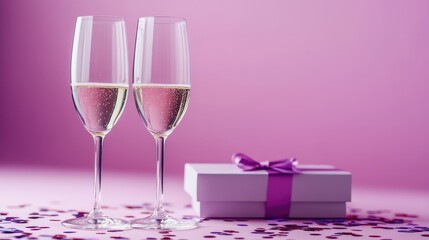 Aufkleber - Elegant champagne glasses filled with sparkling beverage beside a beautifully wrapped gift box with a purple ribbon on a soft pink background adorned with colorful confetti.