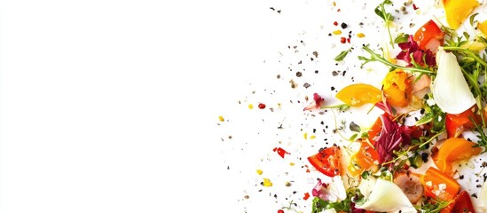Poster - Vibrant assorted vegetable salad with colorful ingredients on a white background showcasing freshness and nutrition in a clean layout