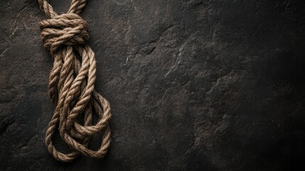 Aufkleber - Twisted natural rope draped on a textured dark stone background creating a striking visual contrast and depth.