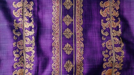 Aufkleber - Thai violet silk fabric with intricate golden patterns creating a rich, textured background for design and creative projects.