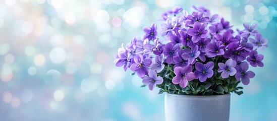 Poster - Colorful artificial purple flowers in a white ceramic pot with a soft bokeh background ideal for stylish home decoration and interior design.