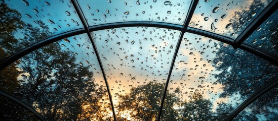 Aufkleber - Glistening raindrops on a glass ceiling with reflections of trees and sunset illuminating a serene natural beauty