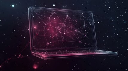 Poster - Laptop with glowing screen illuminated in a dark environment showing technology and modern workspace