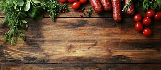 Poster - Colorful display of assorted fresh raw sausages and vibrant herbs on rustic wooden table with cherry tomatoes and ample empty space for text.