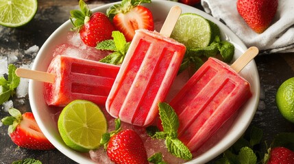 Aufkleber - Refreshing Strawberry Lime Popsicles Garnished with Fresh Mint in a Decorative Bowl with Ice and Fruits