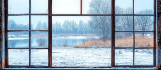 Poster - Tranquil winter landscape viewed from a factory window highlighting rustic charm and serene natural beauty of a seasonal setting
