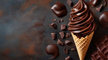 Poster - Rich chocolate swirl ice cream cone surrounded by chocolate pieces on dark textured background perfect for dessert and food photography