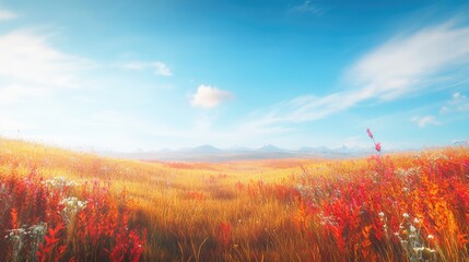 Poster - Vibrant autumn landscape featuring tall golden grasses and colorful wildflowers under a clear blue sky in a serene natural setting.