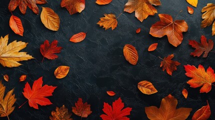 Poster - Vibrant autumn leaves in shades of orange and red floating on a dark textured surface creating a serene fall atmosphere in the foreground