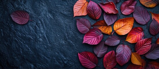 Poster - Vibrant autumn leaves in rich reds and oranges on textured dark stone background with ample blank space for creative text placement