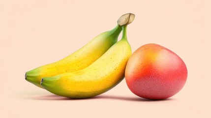 Poster - Fresh Fruit Composition of Two Bananas and a Single Mango on Soft Pastel Background