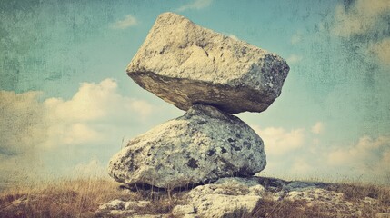Poster - Balanced natural rock formation with grunge texture in vintage hipster style showcasing the beauty of nature and travel aesthetics