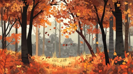 Poster - Serene Autumn Forest Landscape with Rich Orange and Brown Foliage Surrounded by Textured Tree Trunks and Soft Light in Background