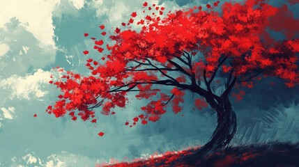 Poster - Vibrant abstract acrylic tree artwork featuring stunning red leaves against a serene background with soft clouds and rich textures.