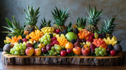 Aufkleber - Vibrant tropical fruit arrangement on rustic wooden slab featuring pineapples, melons, berries, and grapes showcasing natural freshness and color diversity.