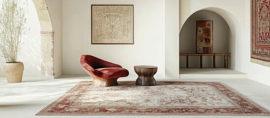 Poster - Elegant carpet with intricate designs on white floor enhancing modern interior aesthetics and creating a lively, inviting atmosphere.