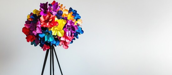 Poster - Vibrant artificial flower lamp on tripod base creating artistic home decor against a minimalist white wall for stylish interior design inspiration