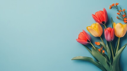 Poster - Vibrant tulip bouquet in various colors on a blue background with ample negative space for text or design elements