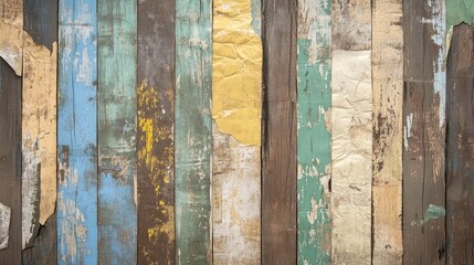 Poster - Vintage distressed wood backdrop with colorful peeling paint and aged paper textures for creative design projects.