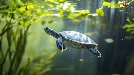 Aufkleber - Turtle Gliding Gracefully Underwater with Sunlight Filtering Through Water Surface and Lush Greenery Surrounding