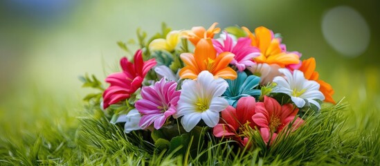 Poster - Vibrant artificial flower arrangement in lush green grass ideal for enhancing home decor and adding a touch of color to any space