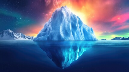 Aufkleber - Vivid aurora borealis illuminates majestic iceberg reflecting in calm blue ocean waters under a starry sky at twilight