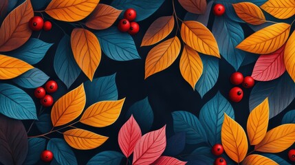 Poster - Vibrant autumn leaves in shades of orange and yellow with red berries on a dark blue background creating a rich seasonal atmosphere.