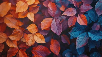 Poster - Vibrant autumn leaves in warm hues of orange, red, and deep blue create a stunning natural tapestry ideal for seasonal backgrounds in outdoor settings.