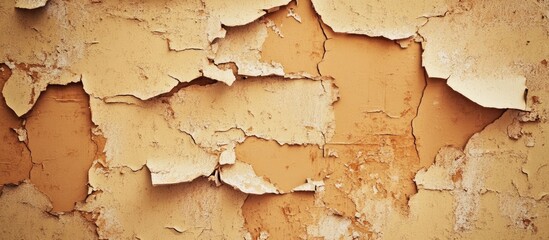 Aufkleber - Textured vertical view of a weathered beige and brown veneer wall with peeling faux wood wallpaper, showcasing aged damage and empty space for text.