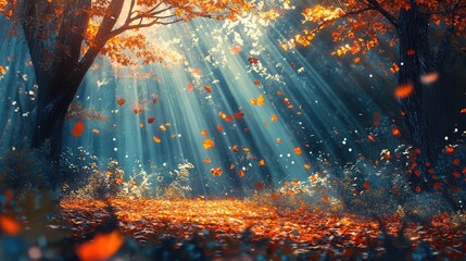 Poster - Vibrant autumn forest landscape featuring a carpet of fallen orange and yellow leaves with sunlight streaming through branches, capturing tranquility and seasonal beauty