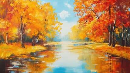 Poster - Vibrant Autumn Colors Reflecting on Tranquil Park Lake Surrounded by Golden and Orange Foliage under Clear Blue Sky