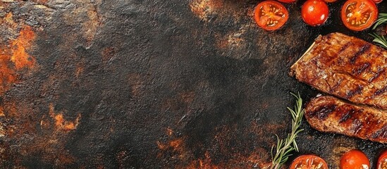 Poster - Grilled Pork Chops with Fresh Rosemary and Halved Cherry Tomatoes on Rustic Black Surface with Empty Space for Text Ideal for Culinary Promotions