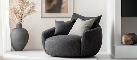 Poster - Cozy living room scene with a black chair and gray pillow surrounded by decorative elements and empty space for text or branding.