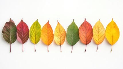 Poster - Vibrant autumn leaves in various shades of red, yellow, and green arranged on a clean white background ideal for presentations and graphics