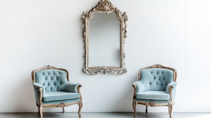 Aufkleber - Elegant vintage blue armchairs flanking an ornate silver-framed mirror against a bright white wall in a chic interior setting.