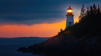 Aufkleber - Majestic Yellow Lighthouse Illuminated at Twilight with Dramatic Skies and Serene Ocean View