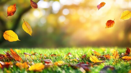 Poster - Colorful autumn leaves in warm hues of orange and yellow scattered on vibrant green grass under a soft golden sunlight in a serene outdoor setting.
