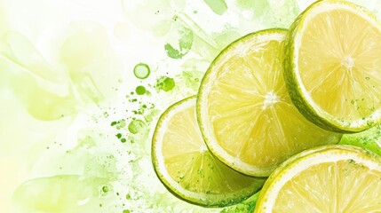 Poster - Vibrant fresh lemon slices on a light green abstract background with splashes of citrus colors in a summery kitchen setting.
