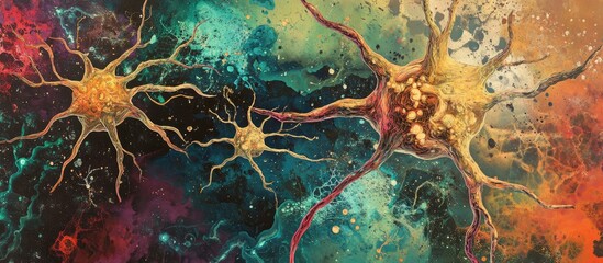 Aufkleber - Dynamic abstract depiction of interconnected yellow neurons against a vibrant cosmic background of blues, greens, and reds with copy space.