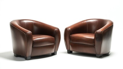 Poster - Pair of contemporary brown leather armchairs positioned in a bright gallery setting, showcasing luxurious textures and modern design elements.