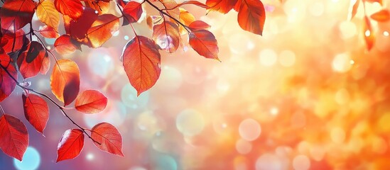 Poster - Vibrant autumn still life featuring red and orange leaves against a soft golden bokeh background with empty space for seasonal text.