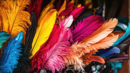 Poster - Colorful carnival costume feathers in a vibrant array showcasing intricate textures and artistic diversity for festive celebrations