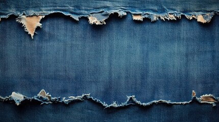 Poster - Tattered vintage denim fabric texture showcasing distressed torn sections for fashion design or textile backgrounds