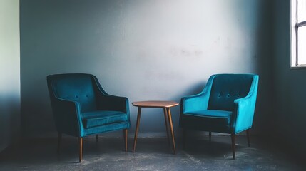 Poster - Elegant teal armchairs with wooden table in minimalist interior setting against gray wall, modern design concept for living space decor.