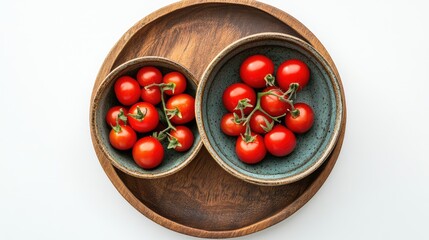 Poster - Ceramic Bowls with Fresh Red Cherry Tomatoes on Rustic Wooden Platter Top View Natural Aesthetic Minimalist Design Isolated White Background