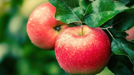 Poster - Red apples on a branch with green leaves showcasing droplets of water in a macro nature shot