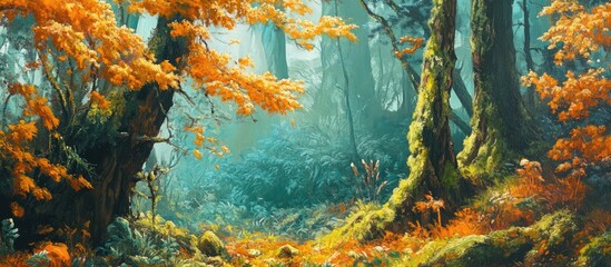 Poster - Vibrant autumn forest scene with moss-covered trees and bright orange leaves, showcasing a serene natural landscape filled with rich greens and warm tones.