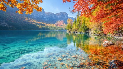 Poster - Vibrant autumn maple leaves in shades of orange and red with clear blue lake reflections surrounded by rocky mountains and colorful forests